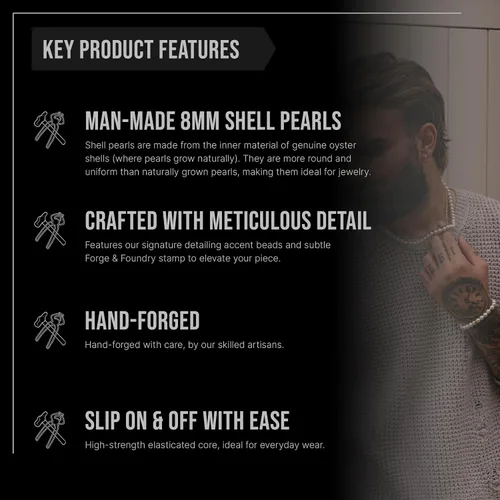 Vista 3 de Forge & Foundry Men's 8mm Shell Pearl (Man-Made) Bracelet Small, Medium, Large and Adjustable Sizing Options Marlow Refined Hand-Crafted Jewelry