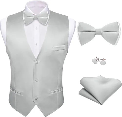 Vista 15 de Barry.Wang Chaleco de traje para hombre, conjunto de corbatín, chaleco A-02-rosa claro