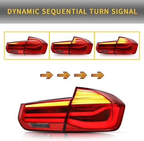 Vista 4 de YUANZHENG Luces traseras secuenciales LED para [BMW F30 F80 320i 328i 335i Sedan 6ª generación 2013 2014 2015 2016 2017 2018] con DRL de fibra Rojo