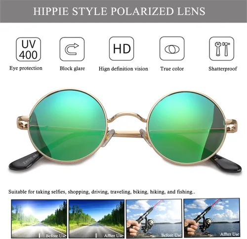Vista 6 de HJSTES Polarized Round Sunglasses Womens Men Retro Hippie Glasses Small Circle Sunnies