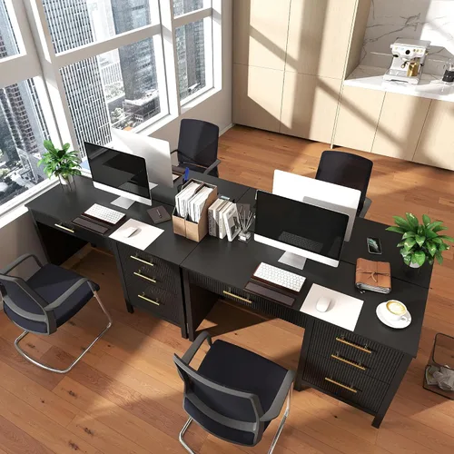 Vista 8 de Escritorio ejecutivo moderno con cajones: escritorios negros de oficina en casa de 54 pulgadas con cajón de archivos, escritorio de madera acanalada