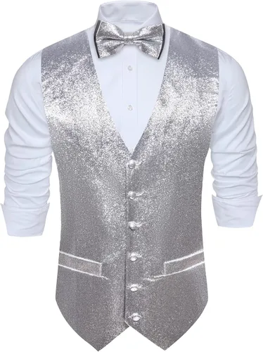 Vista 5 de Barry.Wang Chaleco brillante para hombre, cuello en V, ajuste delgado, chaleco con corbatín, conjunto de fiesta, graduación, esmoquin, formal, casual