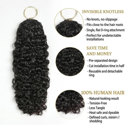 Vista 3 de Cabello humano rizado birmano de ganchillo sin nudos, con plumas previamente separadas, cabello humano Remy ligero y reutilizable con rizado birmano