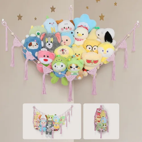 Vista 21 de Hamaca Esquinera para Animales de Peluche - Jumbo de 56'' Hecha a Mano con Cordón Doble de Macramé de 5mm, Red de Almacenamiento de Animales