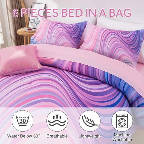 Vista 5 de Btargot Juego de edredón súper suave de 6 piezas con patrón de estrellas en degradado y anillo, juego de ropa de cama con rayas onduladas