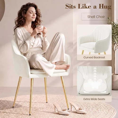 Vista 5 de Vanity Chair, White Vanity Chair with Back, Comfy Makeup Chair for Bedroom Beige
