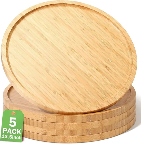 Vista 8 de Meanplan Bandeja de bambú – 5 platos de madera, tabla redonda de charcutería y plato para servir con borde para cocina, fruta, pan, ensalada, mesa