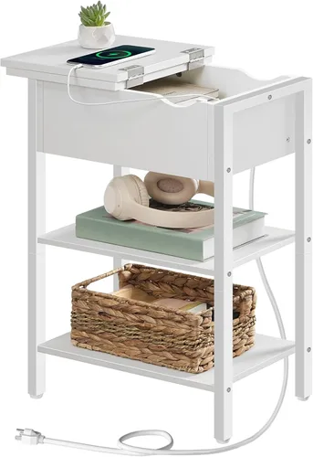 Vista 10 de HOOBRO - Mesa auxiliar lateral, mesa de centro abatible con estación de carga y estantes, puertos USB y tomas de corriente, mesita de noche estrecha
