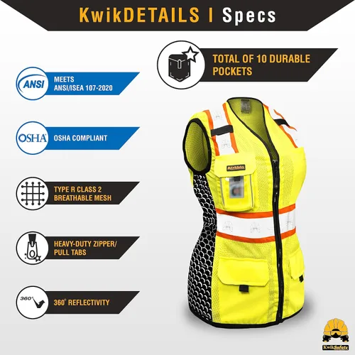Vista 4 de KwikSafety QUEEN BEE - Chaleco de seguridad para mujer [amarillo, L] + paquete de casco duro de ala completa TORTOISE