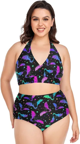 Vista 6 de Bikini de 2 piezas para mujer, talla grande, cintura alta, cuello halter, fruncido, control de abdomen Murciélagos Cruces Estrellas
