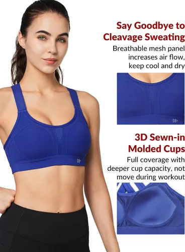 Vista 2 de Yvette Sports Bra High Impact Adjustable Criss Cross Back, Full Support for Large Bust No Bounce