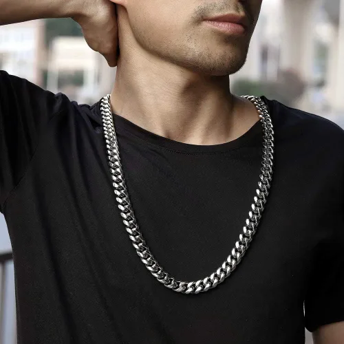 Vista 3 de ROWIN&CO Mens Miami Cuban Link Chain Silver Heavy Stainless Steel Curb Chain Necklace Hip hop Punk Jewelry Choker Chain, 15mm Width 18-36 inch