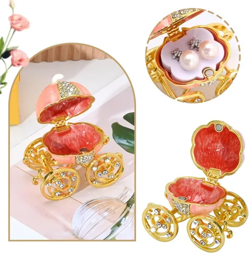 Vista 3 de Caja de joyería de carro de calabaza de diamante de plata, carro de calabaza de Cenicienta decorativo con bisagras caja de baratija de joyería