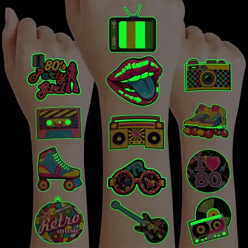 Vista 4 de 96 piezas de tatuajes temporales precortados que brillan en la oscuridad de los años 80 para decoración de fiesta de cumpleaños, suministros