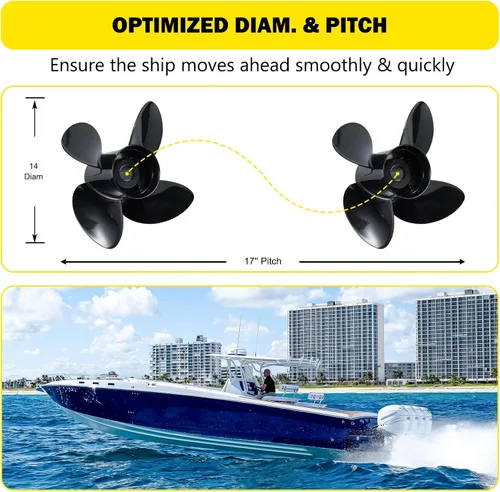 Vista 3 de 14 x 17 Reemplazar OEM #48-8M0084494 Hélice de barco fuera de borda para motor Mercury 135-300HP 2 y 4 tiempos y propulsores Mercruiser Alpha/Bravo