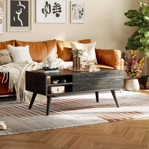 Vista 2 de WLIVE - Mesa de centro de madera con parte superior elevable, compartimento oculto y estante de almacenamiento ajustable, mesa elevable para comedor