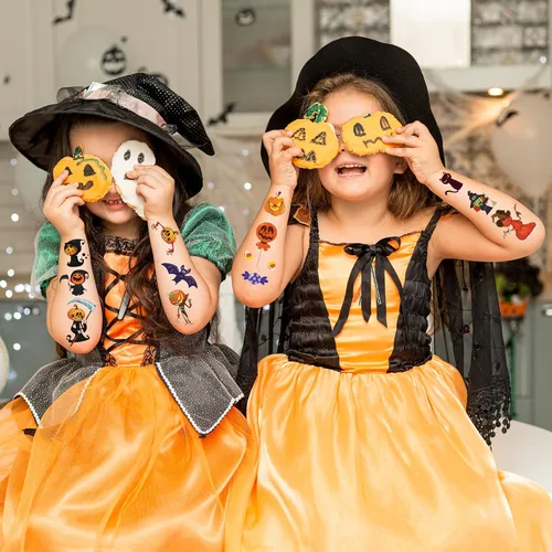 Vista 6 de 298 piezas de decoraciones de Halloween, recuerdos de fiesta, tatuajes temporales para niños, Halloween, surtido de trucos o tratos, calcomanías