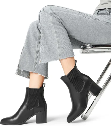Vista 8 de DREAM PAIRS Botines Chelsea elásticos retro para mujer, a la moda, tacón bajo y grueso, puntera puntiaguda, botines de tacón de otoño
