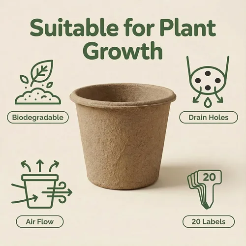 Vista 3 de Paquete de 20 macetas de turba de 5 pulgadas con 20 etiquetas para plantas, macetas biodegradables con agujeros de drenaje, macetas de vivero