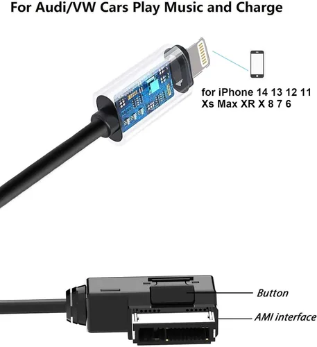 Vista 2 de Cable adaptador de carga de audio para automóvil compatible con Apple iPhone 14 13 12 11 Xs Max XR X 8 7 6 para Audi A3/A4/A5/A6/A8/S4/S6/S8/TT, AMI