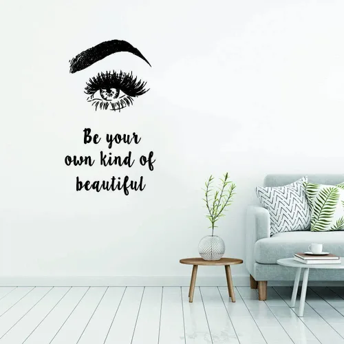 Vista 5 de Calcomanía de pared de pestañas y maquillaje, con texto en inglés «Be Your Own Kind of Beautiful Quote», adhesivo de vinilo extraíble para salón