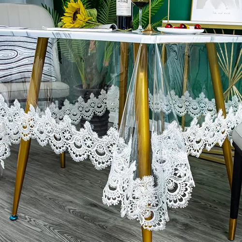 Vista 12 de Jeloris Mantel redondo de plástico transparente de vinilo PVC impermeable con borde de encaje bordado, cubierta de mesa transparente para cocina