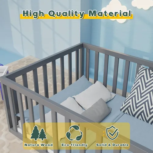 Vista 3 de Zevemomo Cama de suelo tamaño individual para niños y niños, cama de piso Montessori individual con barandillas de seguridad y puerta, cama de piso