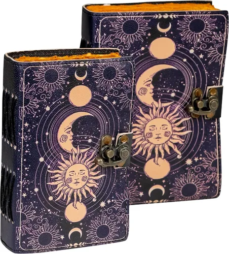 Vista 3 de Diario de cuero vintage hecho a mano con sol y luna para hombres y mujeres, antiguo hecho a mano con borde de cubierta vintage, cuaderno de bocetos