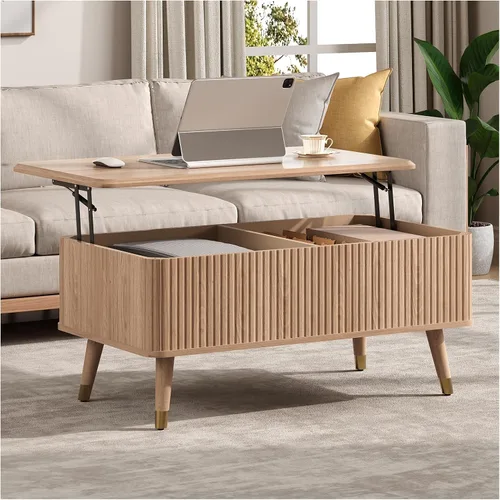 Vista 19 de Mesa de centro elevable con almacenamiento, mesa central negra de 32 pulgadas para sala de estar, mesa de comedor cuadrada con patas de madera maciza
