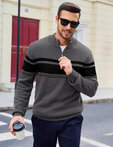 Vista 20 de MAGCOMSEN Suéteres de algodón con cremallera de 1/4 para hombre, suéter tipo polo, a rayas, para otoño e invierno, sudaderas cálidas