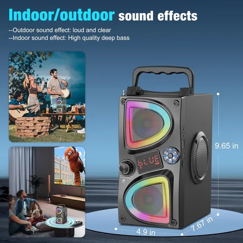 Vista 5 de Altavoz Bluetooth, 60W (Pico) Altavoces Inalámbricos Portátiles Pequeños para Fiestas en Casa con Doble Subwoofer de Graves Profundos, Radio, Luces