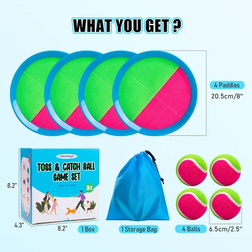 Vista 2 de Juego de pelota para lanzar y atrapar, 4 paletas y 4 bolas al aire libre, juego de captura de remo para niños, patio trasero, playa, piscina, patio