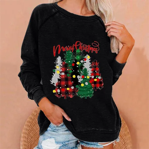Vista 2 de Letter Print Sweatshirt for Women Christmas Pattern Pullover Casual Long Sleeve Shirts Raglan Sleeve Fashion Tops