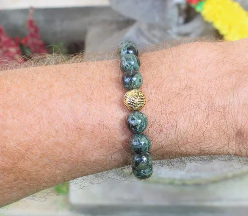 Vista 7 de Dark Green Jade and Gold Beads Bracelet, Jade Bracelet, Men's Jade Bracelet