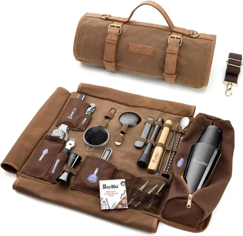 Vista 11 de Barillio Bolsa de Kit de Barman con Juego de Coctelera Negra – Lona Encerada, Bolsa de Herramientas de Bar de Viaje con Kit de Cóctel de 17 Piezas