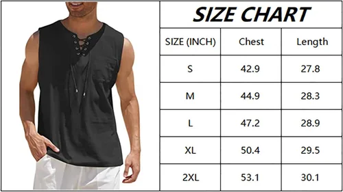 Vista 7 de utcoco Camisetas de verano para hombre, estilo hippie, sin mangas, con cordones, algodón y lino, con bolsillo