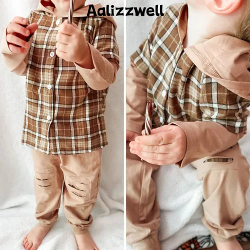 Vista 3 de Aalizzwell Conjunto de sudadera con capucha a cuadros para niños pequeños