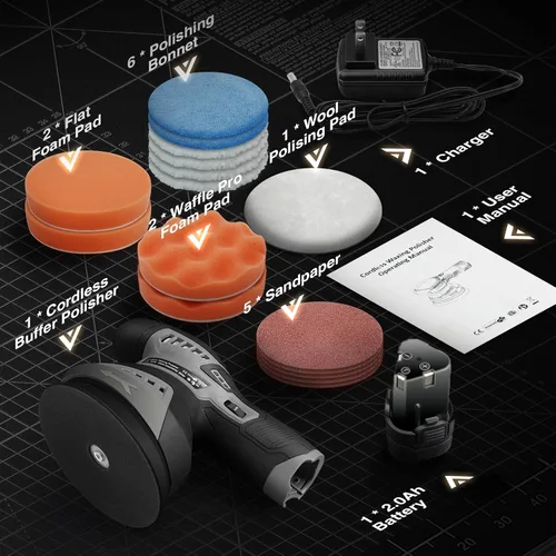 Vista 9 de Pulidora Inalámbrica de 5 Pulgadas DA con 6 Velocidades Variables de 2500-5500 RPM, Batería Recargable de 2.0Ah, Pulidora para Detalles