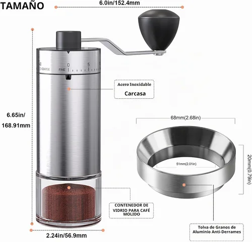 Vista 8 de Molinillo manual de granos de café, 40 ajustes externos ajustables, manivela manual, cuerpo de acero inoxidable, rebaba cónica de cerámica