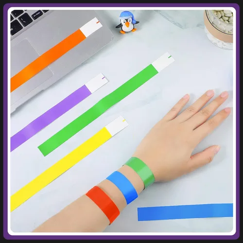 Vista 4 de 600 pulseras de papel de neón, bandas de mano impermeables para eventos, pulseras de fiesta a granel, paquete multicolor, pulseras adhesivas