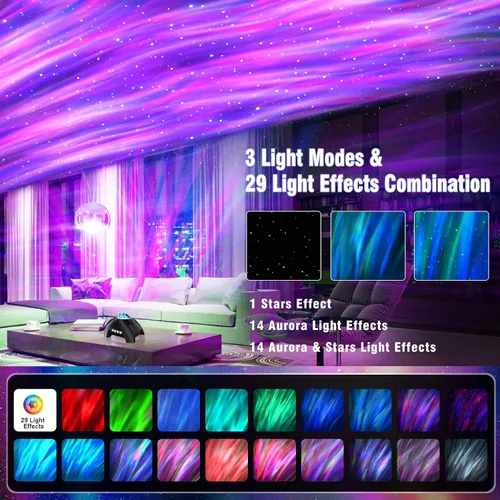Vista 3 de Proyector Aurora Northern Lights para dormitorio con altavoz Bluetooth de música y ruido blanco, proyector de galaxia, proyectores de luz nocturna