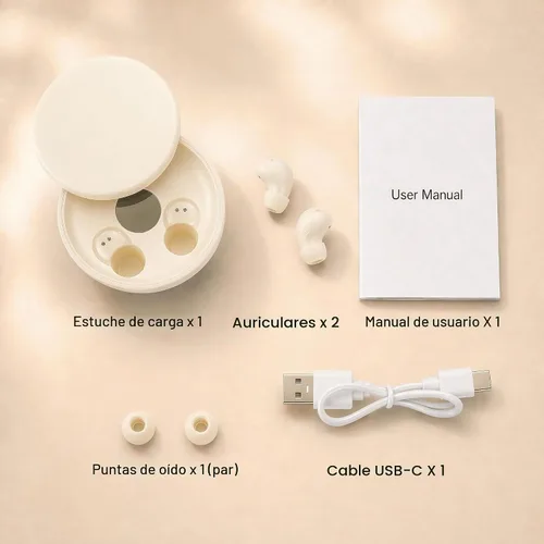 Vista 9 de Mini auriculares Bluetooth invisibles, ergonómicos inalámbricos con calidad de sonido premium y emparejamiento automático de un solo paso (beige)