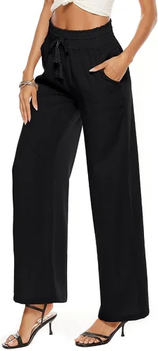 Vista 3 de Micoson Pantalones de lino de algodón para mujer con cordón elástico en la cintura y bolsillos laterales de talle alto pantalones sueltos casuales
