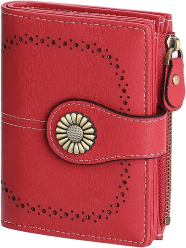 Vista 18 de SENDEFN - Billetera pequeña para mujer de cuero con doble solapa, portatarjetas con bloqueo RFID, bolsillo con cremallera para monedas 1-cera-rosa