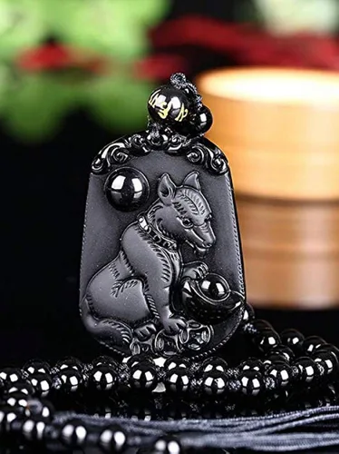 Vista 2 de Collar de animales de zodiaco chino con cuentas de obsidiana natural con cadena de cuentas ajustable, Obsidiana, Obsidiana