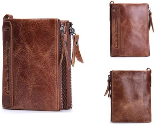 Vista 8 de FENICAL billetera plegable de piel para hombre, billetera con doble cremallera, ligera, unisex, color marrón