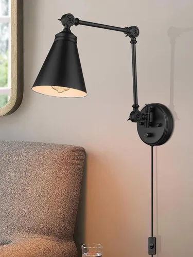 Vista 7 de LIROUVET Juego de dos apliques de pared enchufables, lámpara de pared con brazo oscilante ajustable, apliques industriales con interruptor