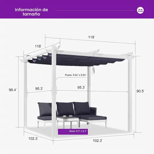 Vista 3 de PURPLE LEAF Pergola retráctil de 10 x 10 pies, pérgola blanca, toldo extra, azul marino