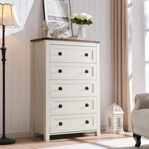 Vista 7 de T4TREAM Cómoda rústica de 48 pulgadas de alto con 5 cajones para dormitorio Blanco antiguo