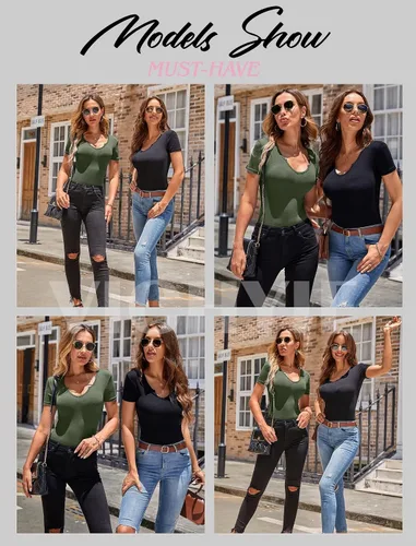 Vista 9 de VICHYIE Camiseta de manga corta con cuello en V para mujer, estilo casual, ajustada